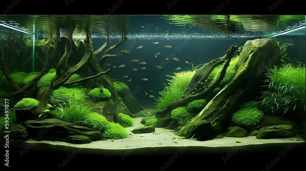 A captivating nature aquarium illustration with underwater plants, driftwood, rocks, and fish, showcasing a harmonious aquascape design.
